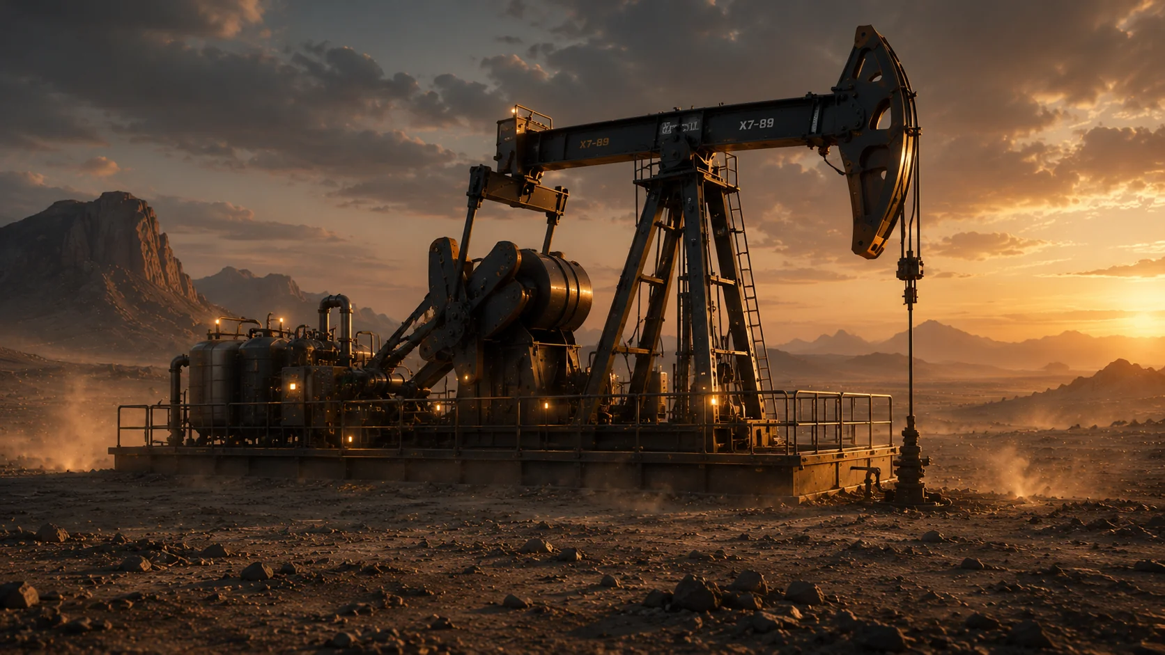 Industrial water collection machinery at golden hour in rugged terrain